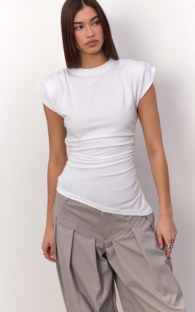 White Cotton Shoulder Detail Asymmetric Hem T-Shirt  image 2