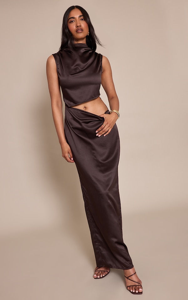 Chocolate Satin High Neck Cut Out Maxi Dress