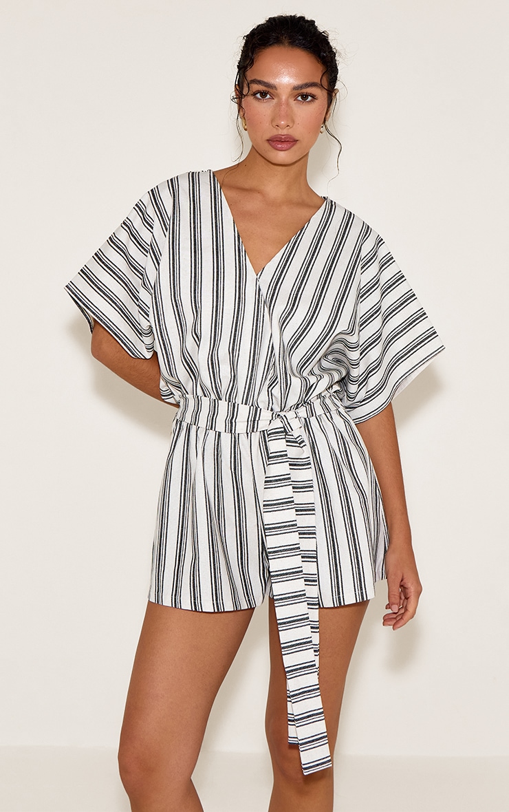 White Woven Stripe Bag Wing Tie Romper image 1