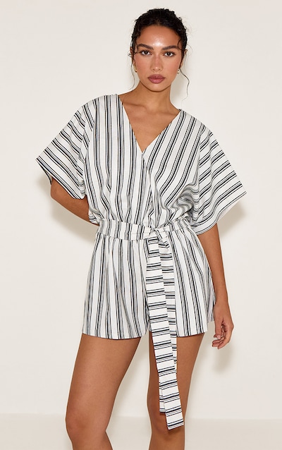 White Woven Stripe Bag Wing Tie Playsuit