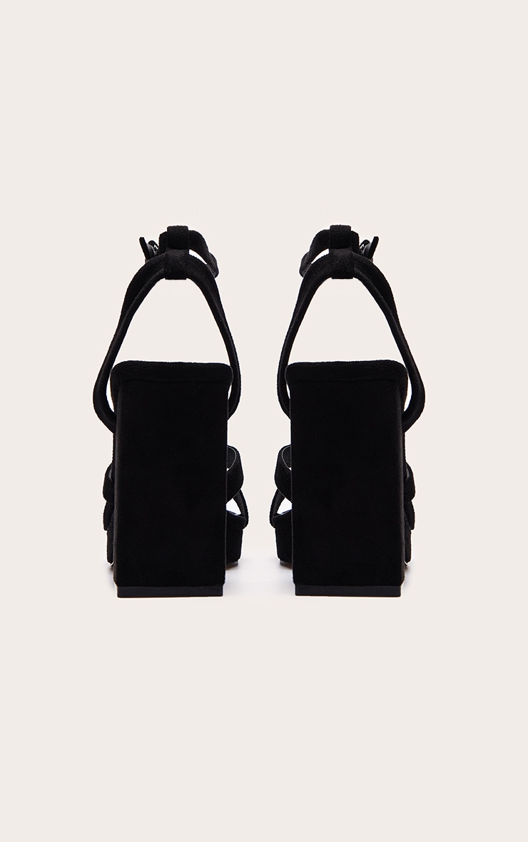 Black Faux Suede Square Toe Lace Up Flat Chunky Heeled Platforms image 3