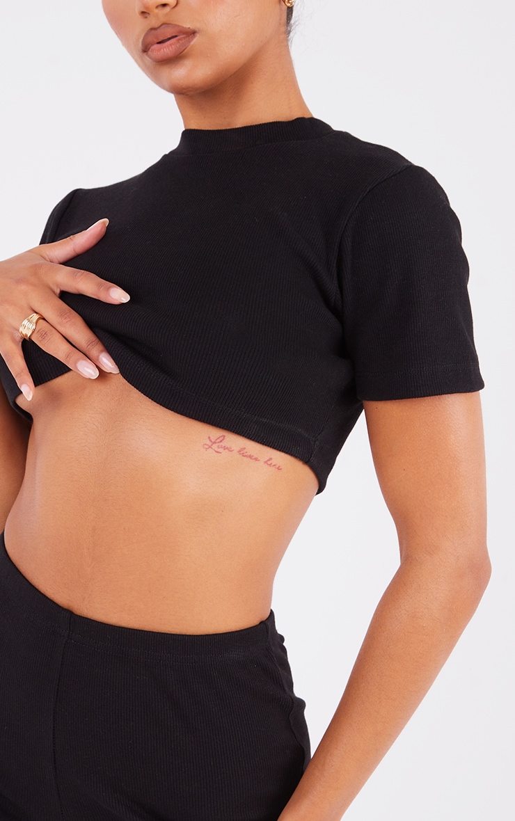 Black Heavy Rib High Neck Short Sleeve Crop Top image 4