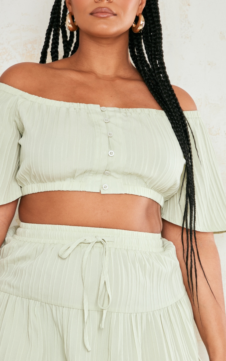 Plus Sage Green Textured Bardot Crop Top image 4