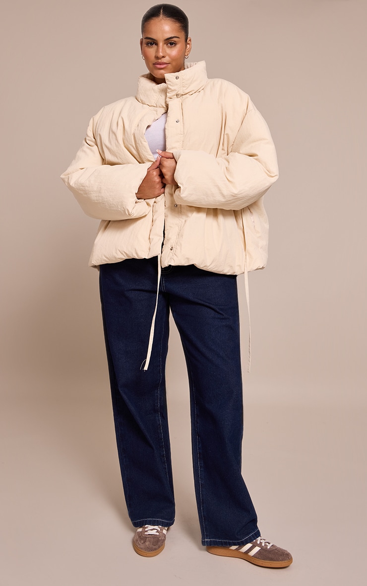 Plus Cream High Neck Tie Waist Quilted Jacket image 3