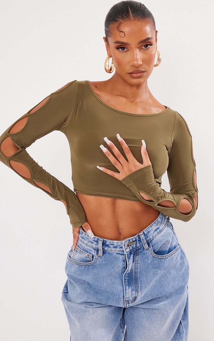 Olive Slinky Cut Out Sleeve Crop Top image 1