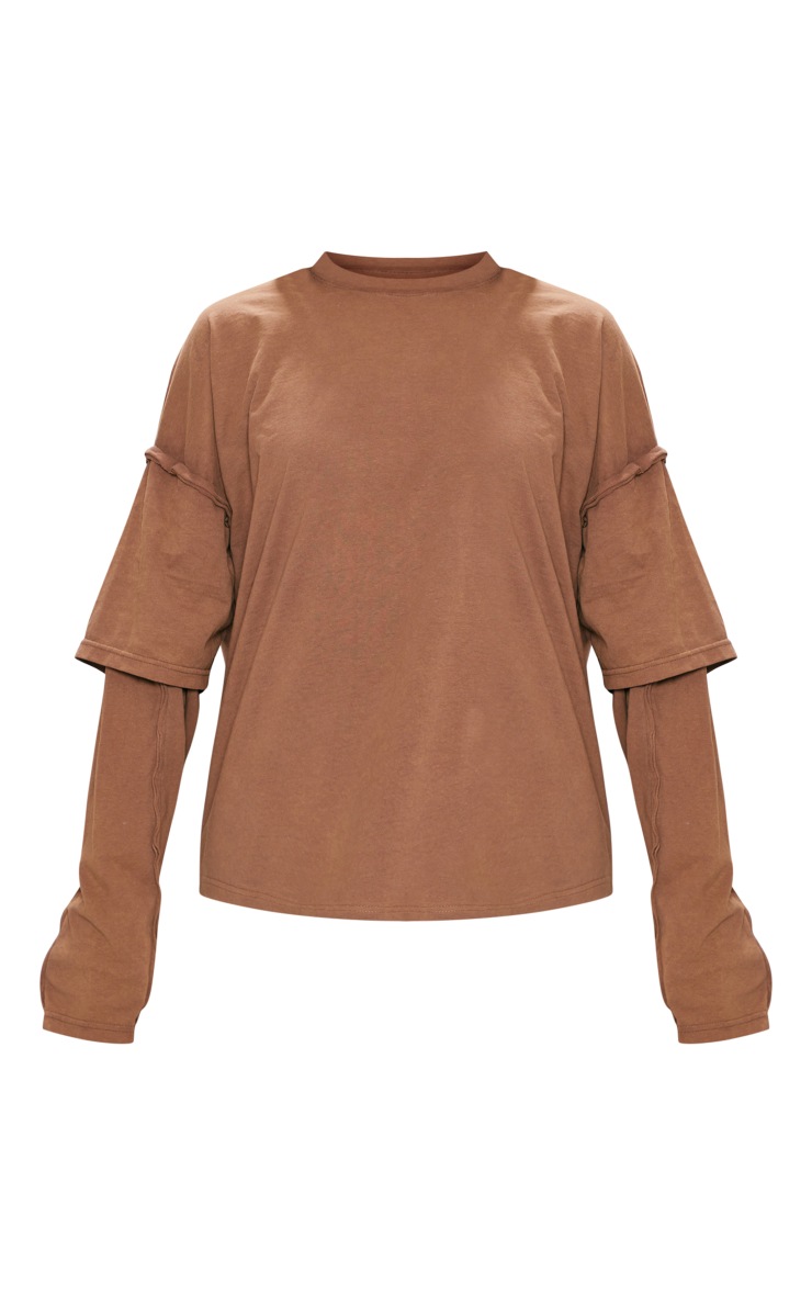 Brown Washed Cotton Raw Edge Double Long Sleeve T Shirt image 5