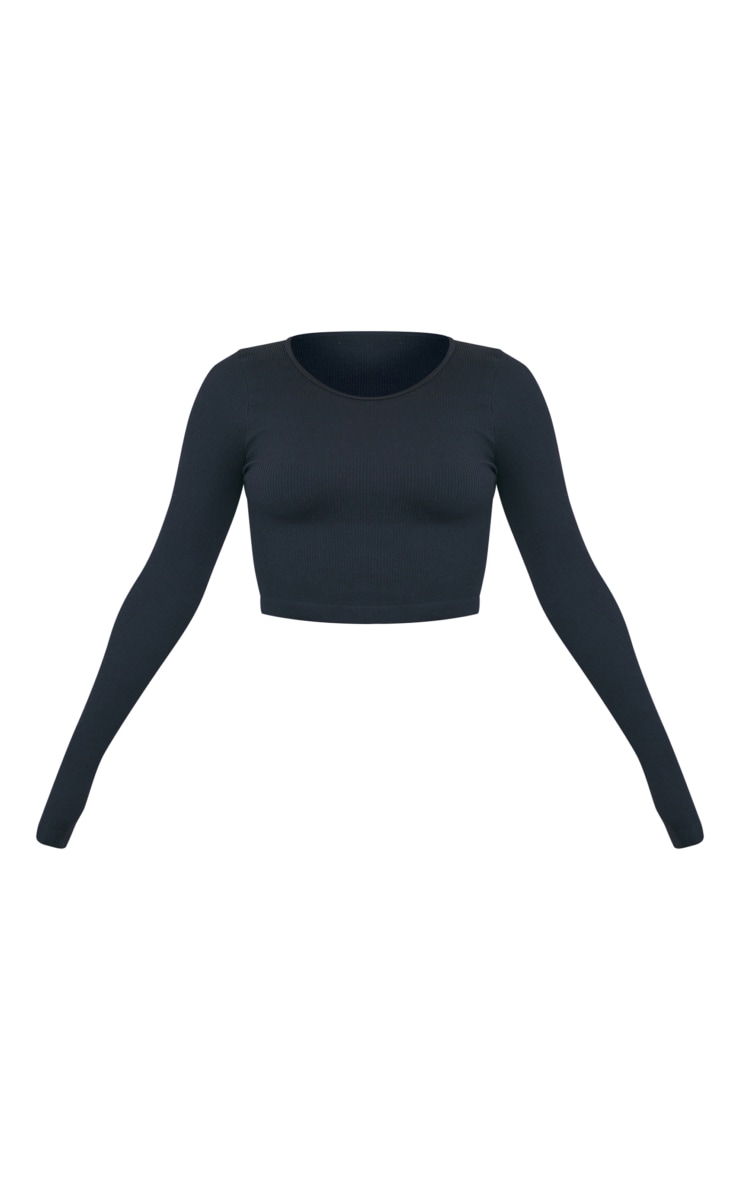 Black Structured Snatched Ribbed Round Neck Long Sleeve Crop Top image 5