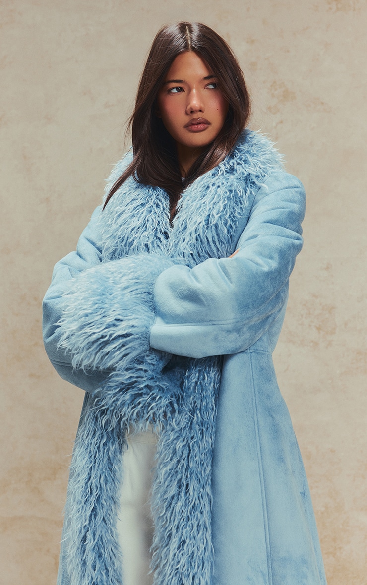 Powder Blue Faux Fur Trim Maxi Coat image 5