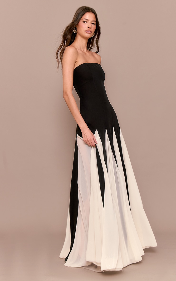 Black Bandeau Contrast Chiffon Pleated Maxi Dress image 3