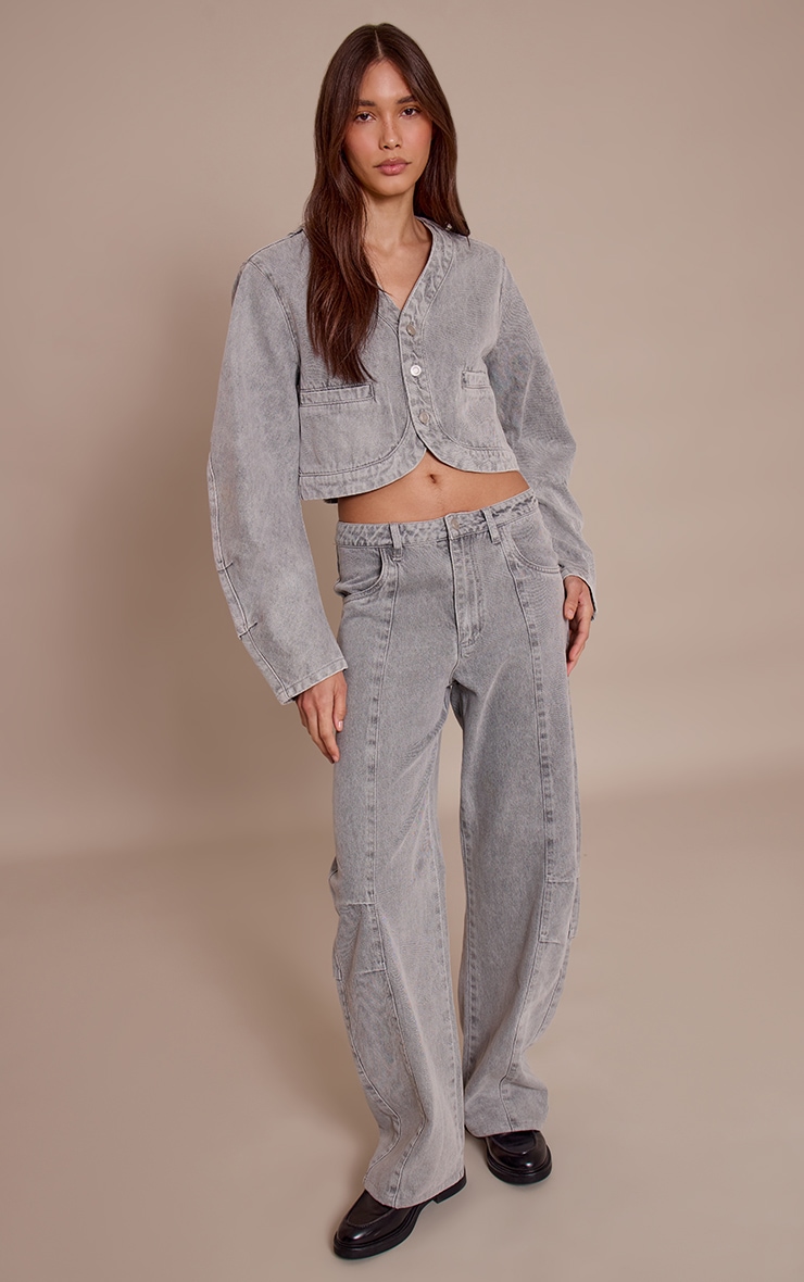 Grey Mid Rise Seam Detail Barrel Jeans image 1