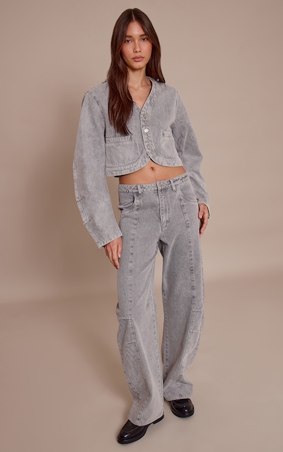 Grey Mid Rise Seam Detail Barrel Jeans