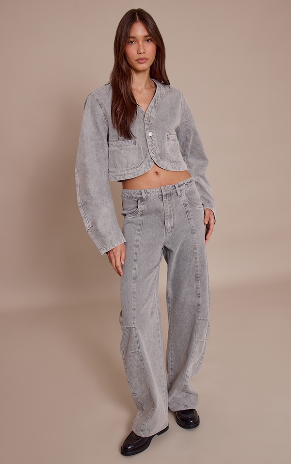 Grey Mid Rise Seam Detail Barrel Jeans