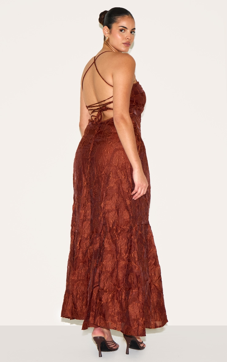 Plus Chestnut Textured Lace Up Back Maxi Dress image 2
