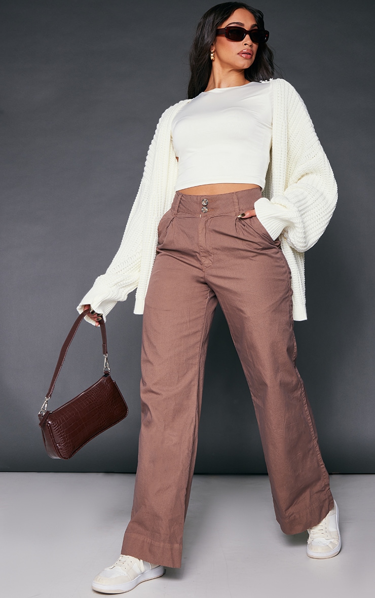 Taupe Woven High Waist Pleated Front Wide Leg Trousers