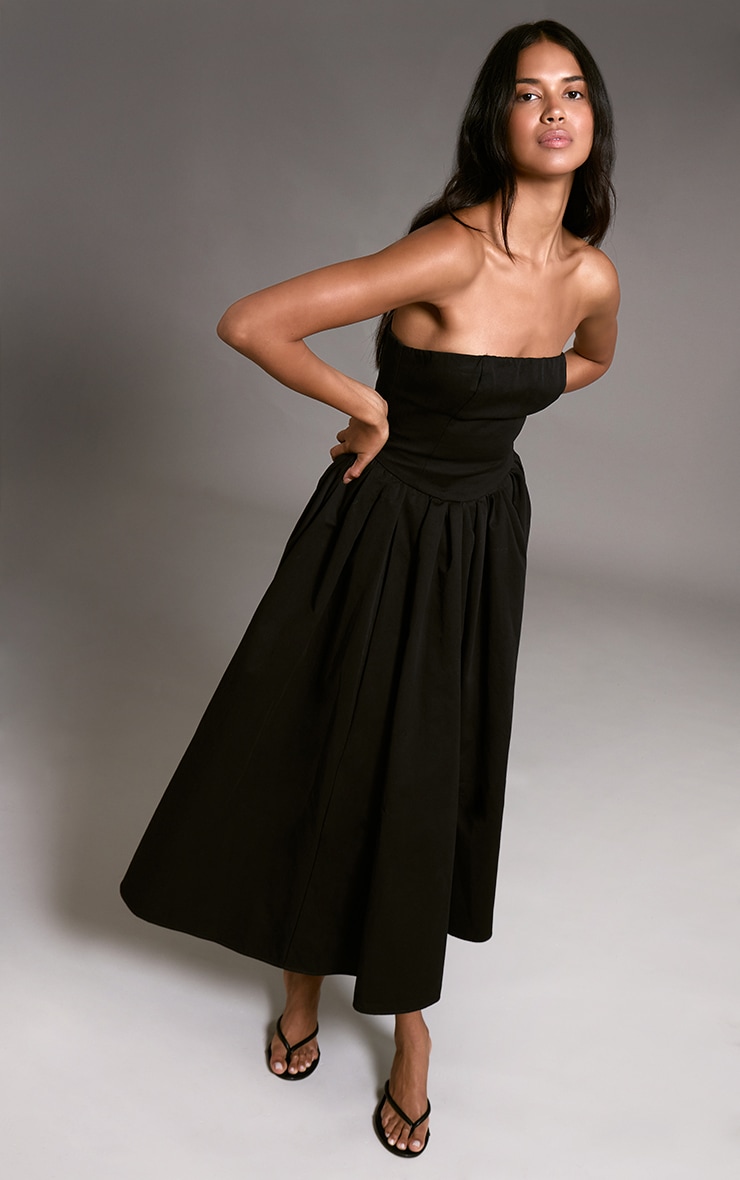 Black Woven Bandeau Ruched Skater Midaxi Dress image 3