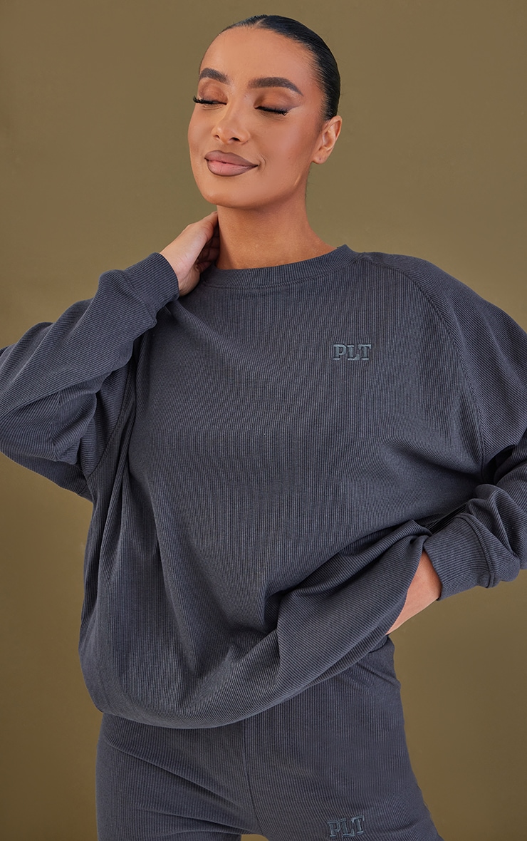 PRETTYLITTLETHING Charcoal Embroidered Ribbed Sweater image 1