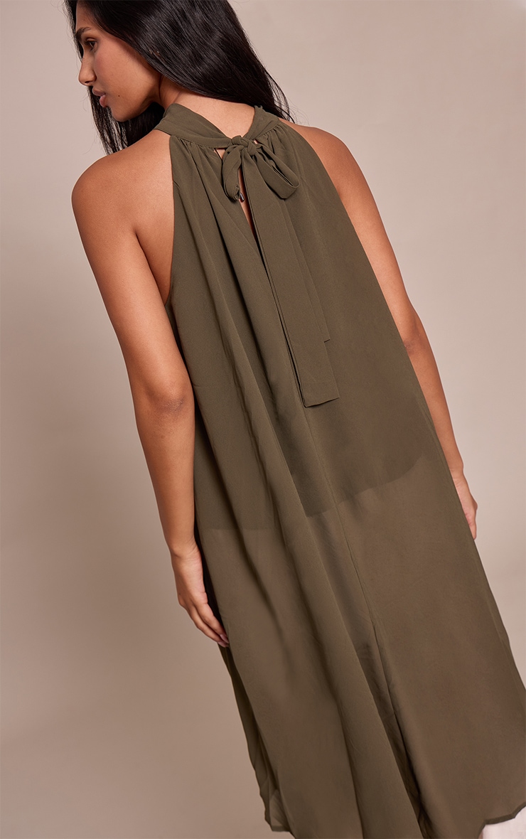 Khaki Chiffon Highneck Extreme Longline Top image 2