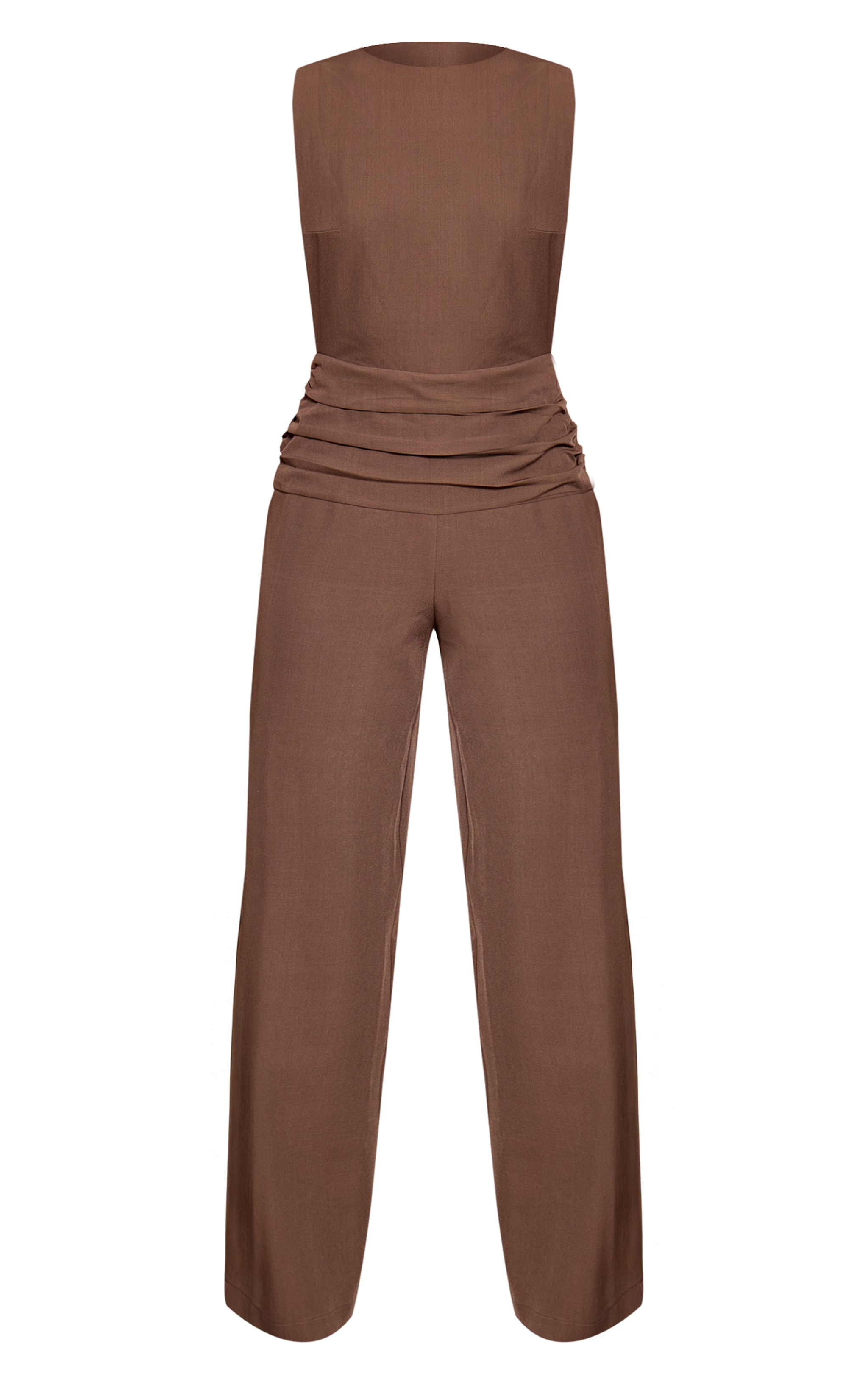Beige Woven Crew Neck Ruched Wide Leg Jumpsuit image 5