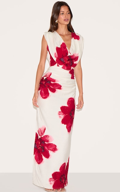 Robe longue imprimé rouge froncée à col bénitier