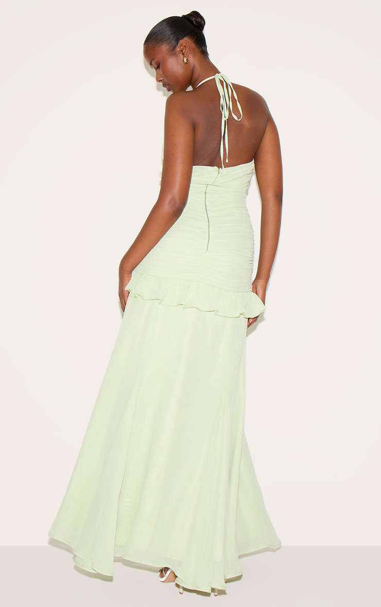 Sage Green Ruched Frill Halterneck Maxi Dress image 2