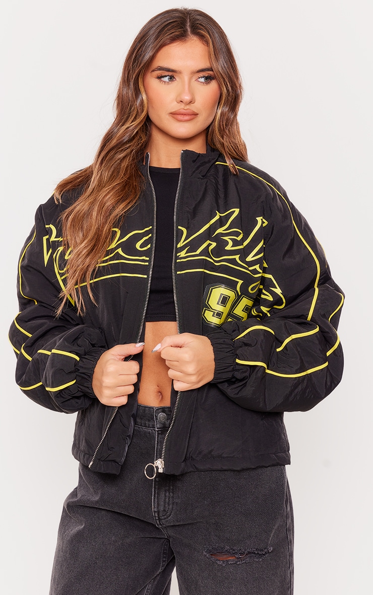 Black Contrast Oversized Slogan Zip Up Racer Bomber image 3