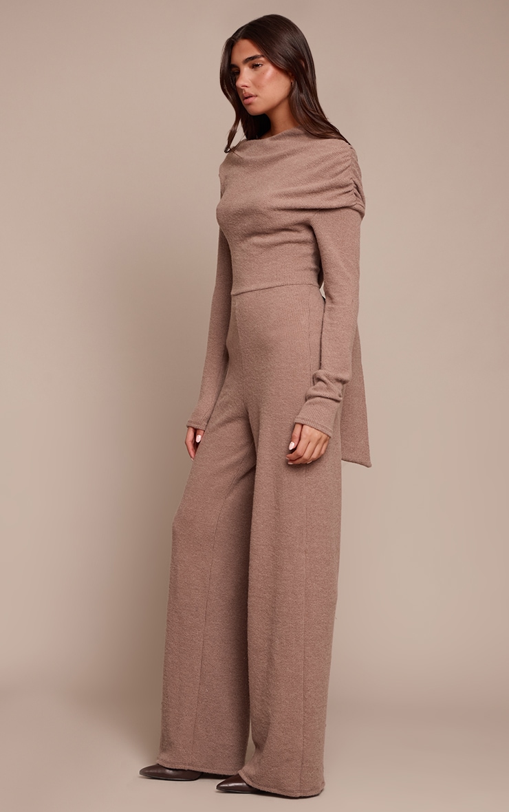 Oatmeal Ribbed Asymmetric Neck Wide Leg Jumpsuit image 3
