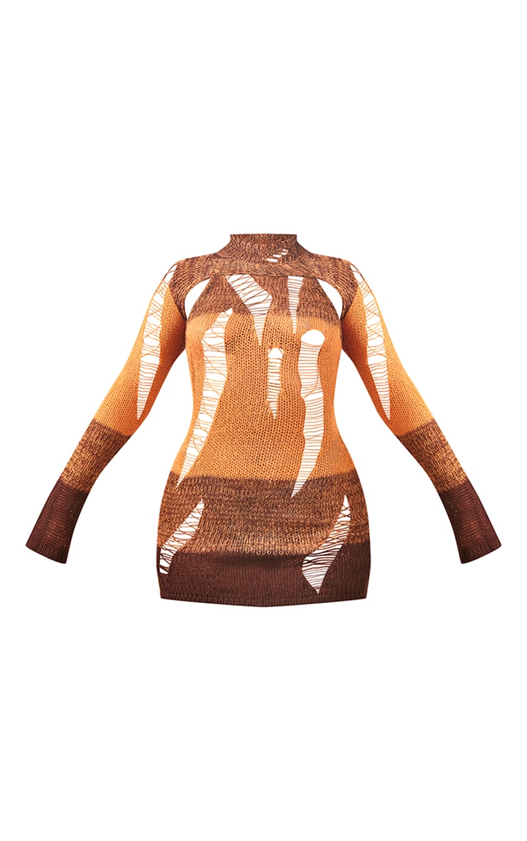 Orange Extreme Distressed Knitted Bodycon Dress image 1