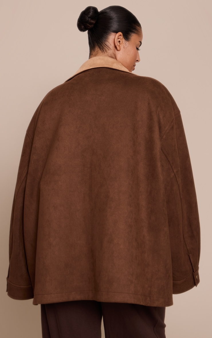 Plus Chocolate Oversized Pocket Detail Contrast Collar Jacket image 2