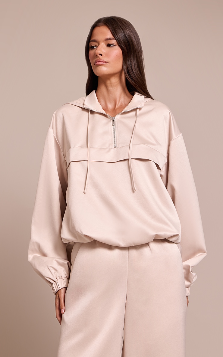 Oyster Satin Zip Up Hooded Pullover Jacket image 1