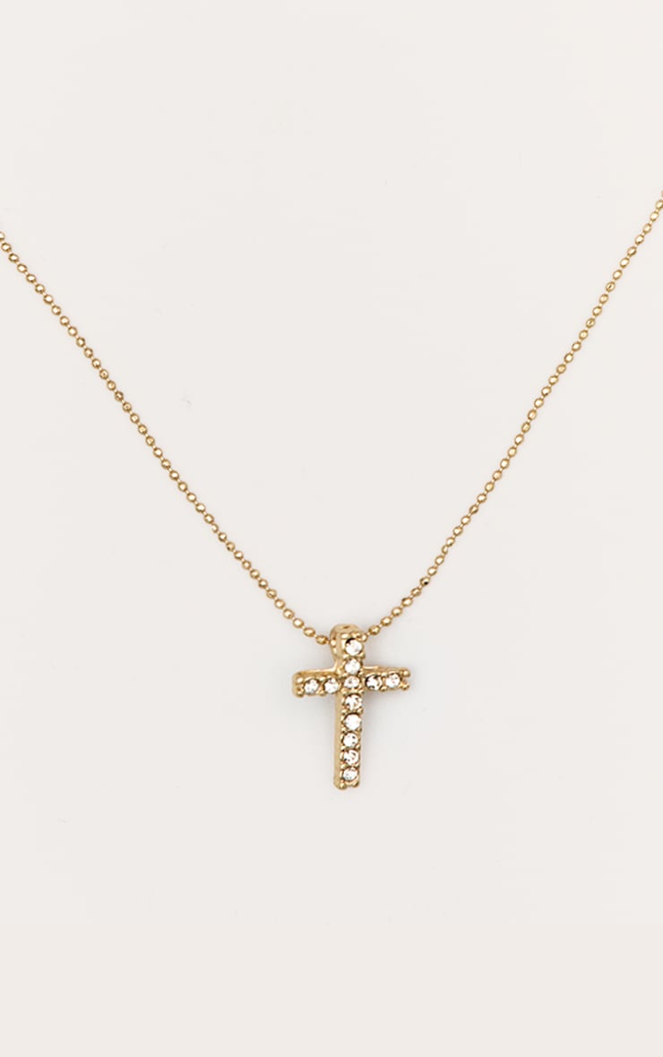 Gold Simple Dainty Diamante Cross Necklace image 1