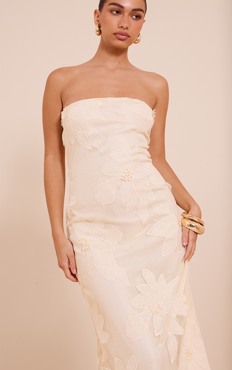 Natural Floral Embroidered Textured Bandeau Maxi Dress image 4