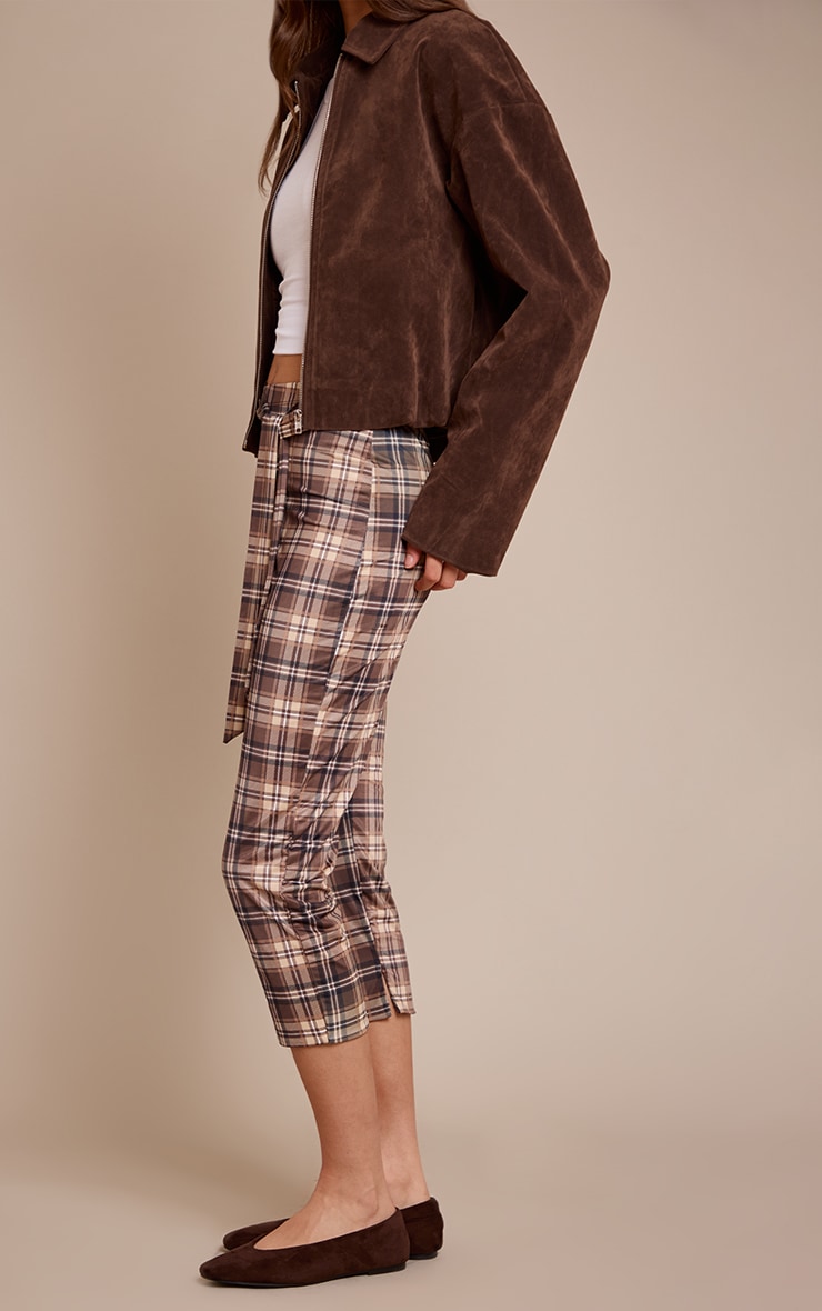 Brown Check Print Double Layer Wrap Waist Capri Leggings image 2