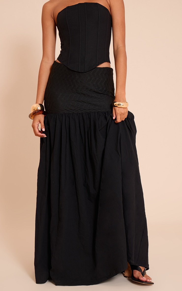 Black Textured Drop Waist Lightweight Woven Maxi Skirt image 2