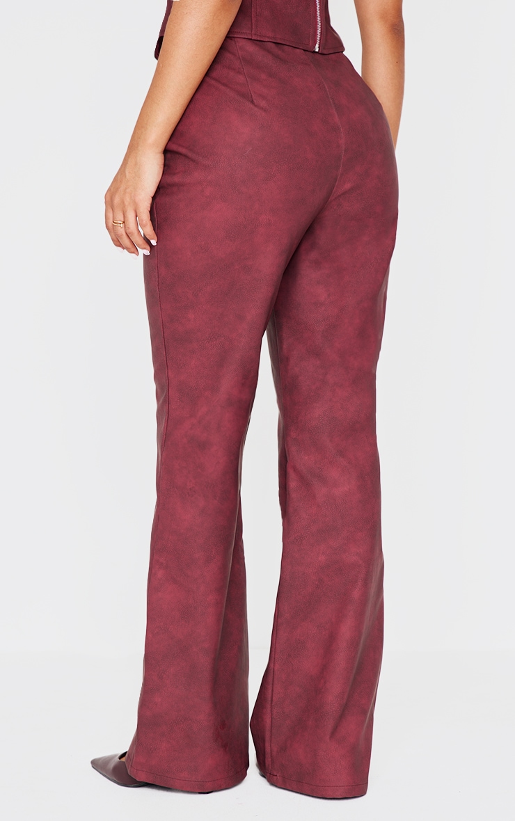 Petite Burgundy Faux Leather Zip Front Flared Trousers image 3