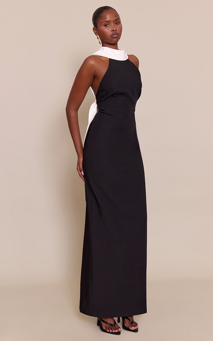 Black Halterneck Contrast Drape Detail Backless Maxi Dress image 3