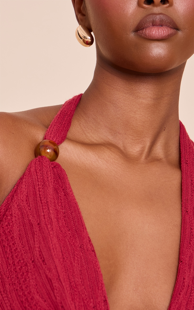 Red Textured Bead Cowl Tie Back Top image 4