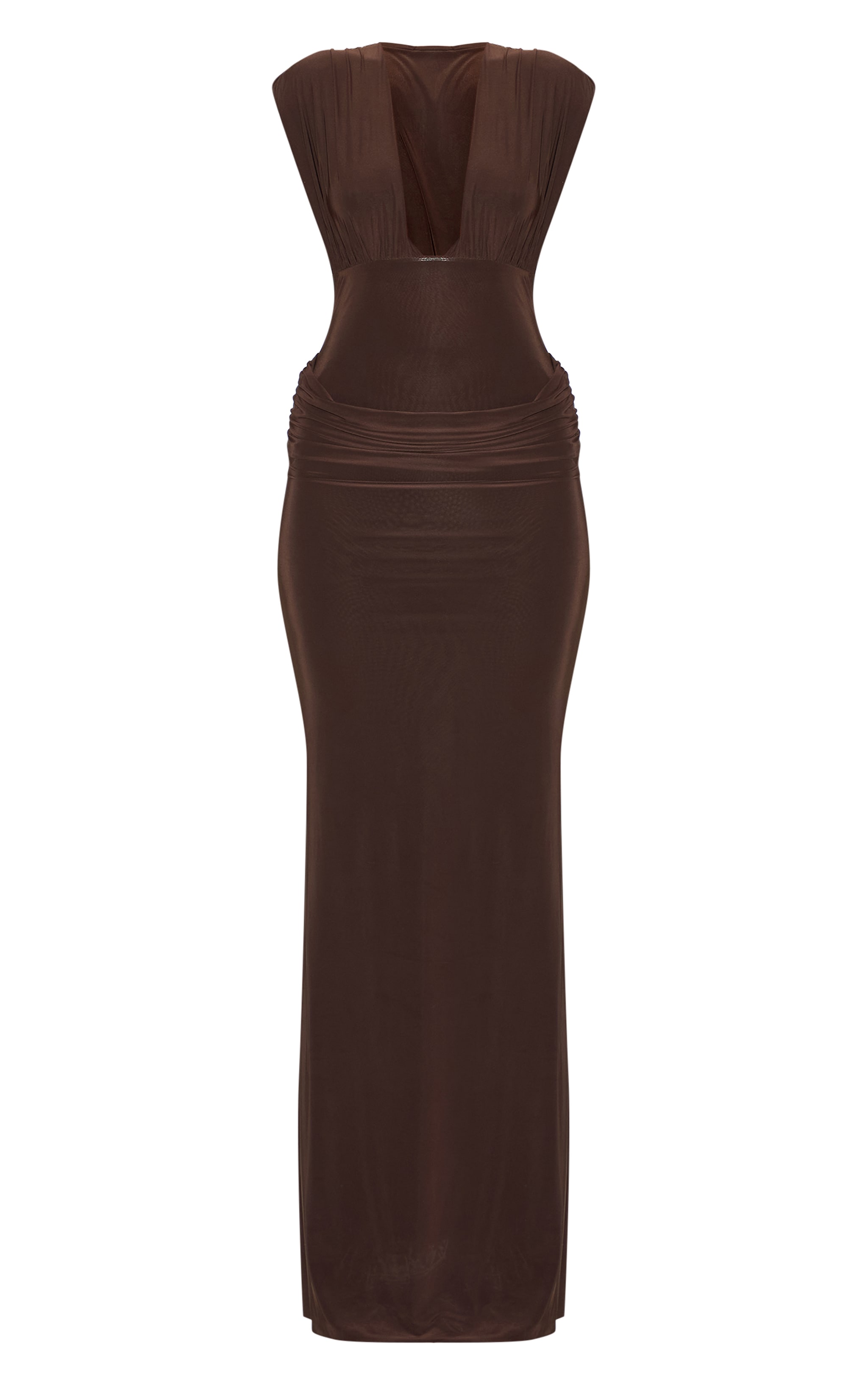 Chocolate Brown Double Layer Plunge Ruched Shoulder Drape Waist Maxi Dress image 5