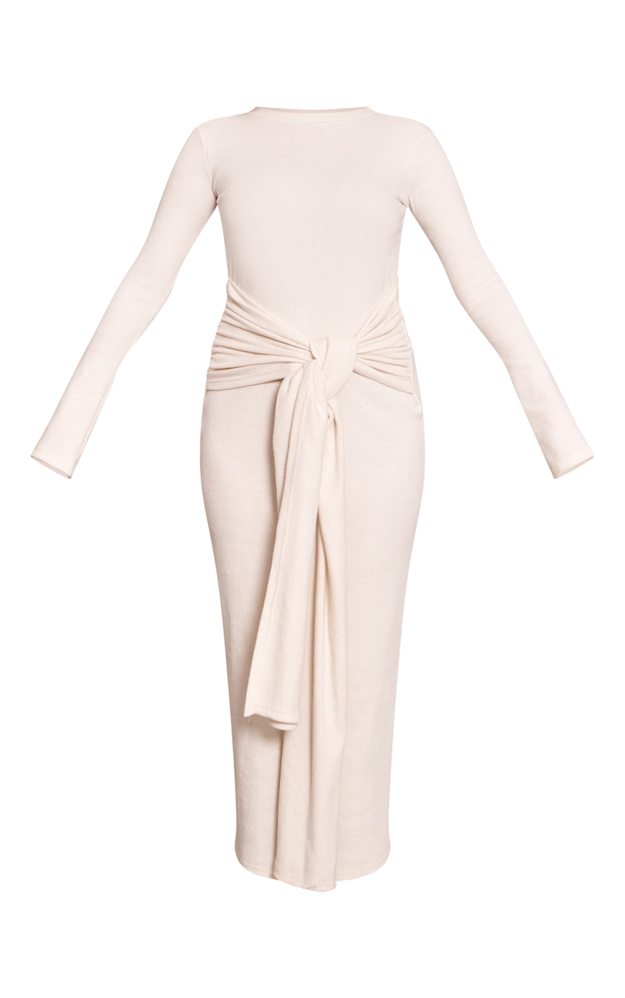 Robe longue côtelée brossée crème à détail noué image 5