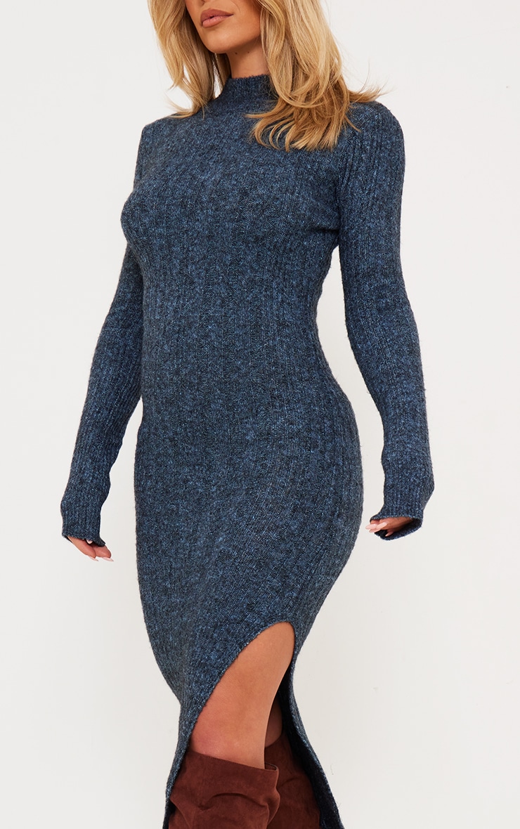 Charcoal Blue Luxe Knit High Neck Long Maxi Dress image 4