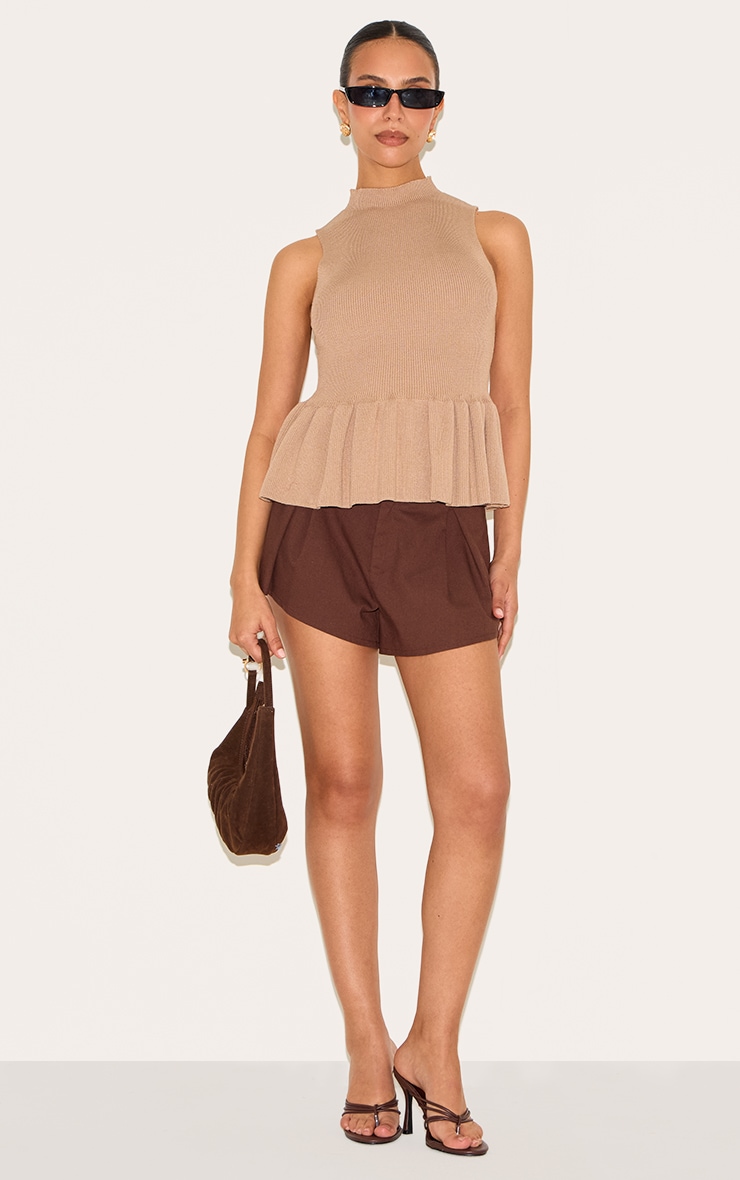 Petite Taupe Knitted High Neck Peplum Hem Long Top image 3