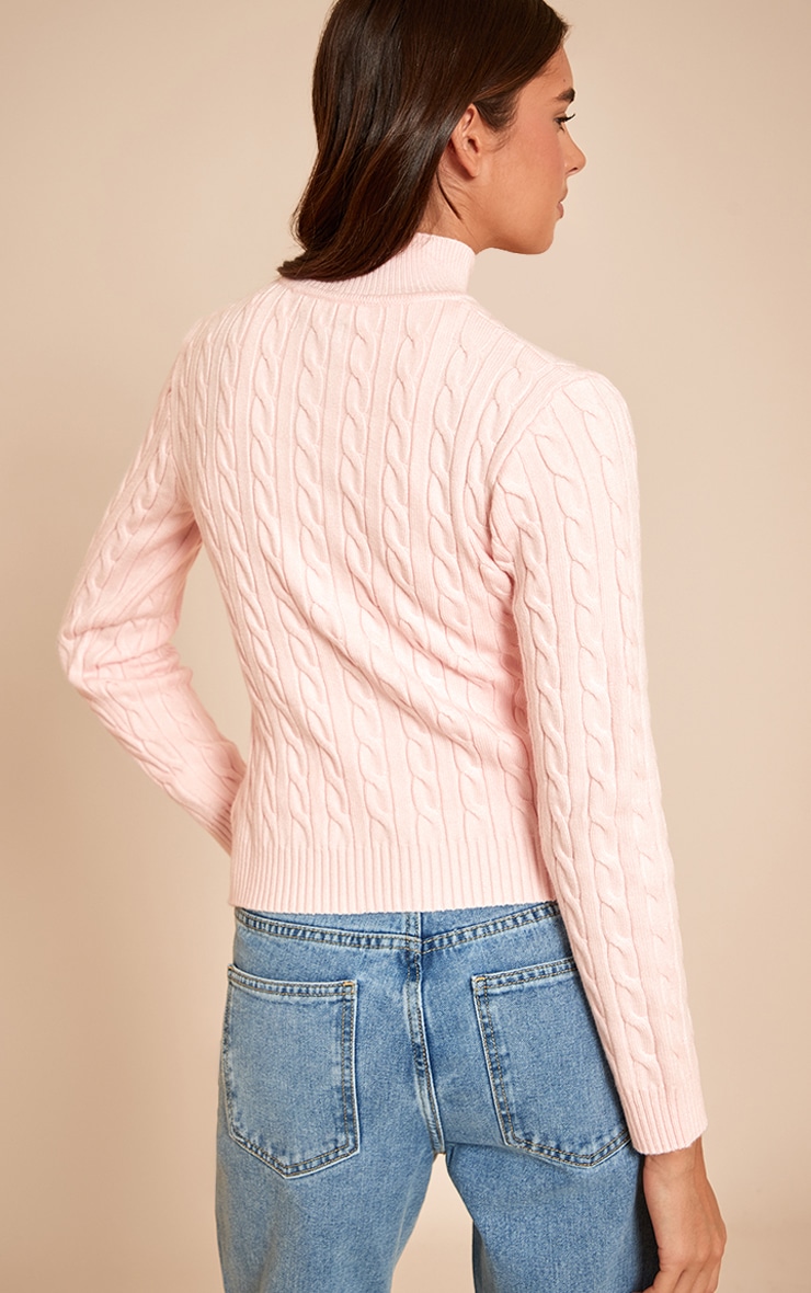Pull en maille tricot torsadée rose à manches longues et zip image 2