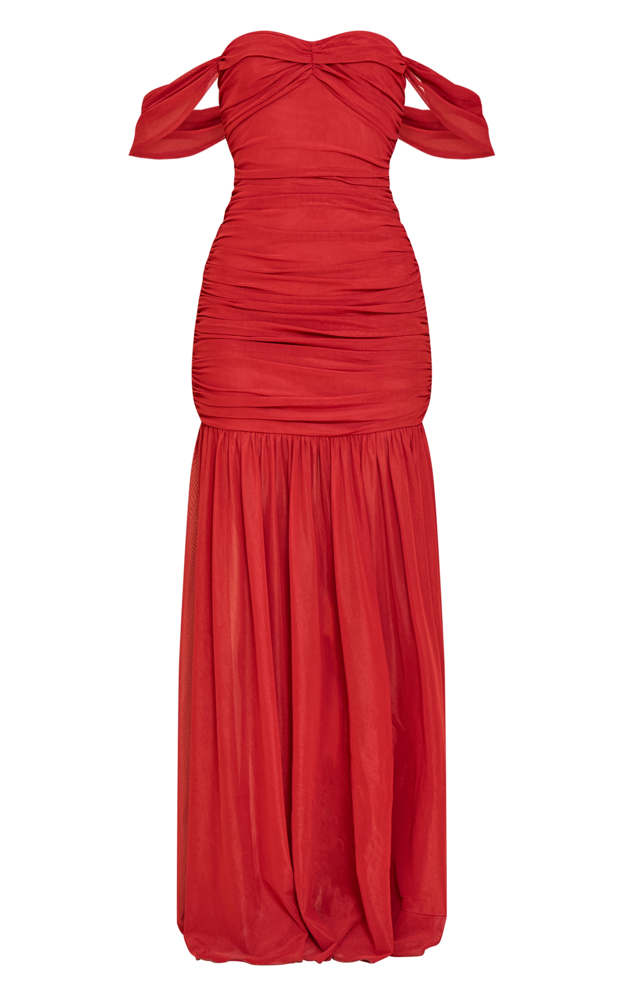 Deep Red Mesh Bardot Ruched Detail Maxi Dress image 5