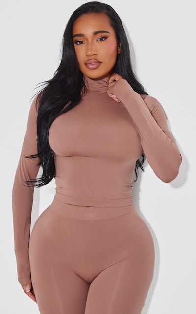Shape Taupe Stretch Seamless High Neck Long Sleeve Top