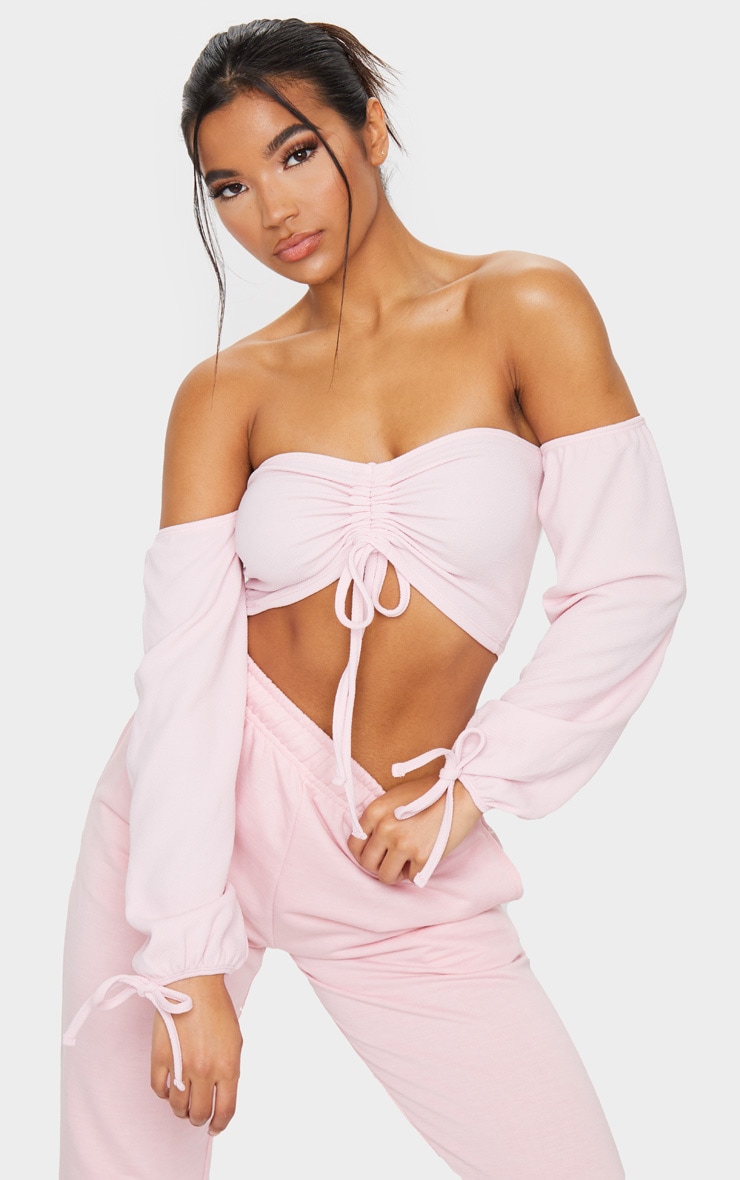 Baby Pink Ruched Detail Bardot Long Sleeve Crop Top