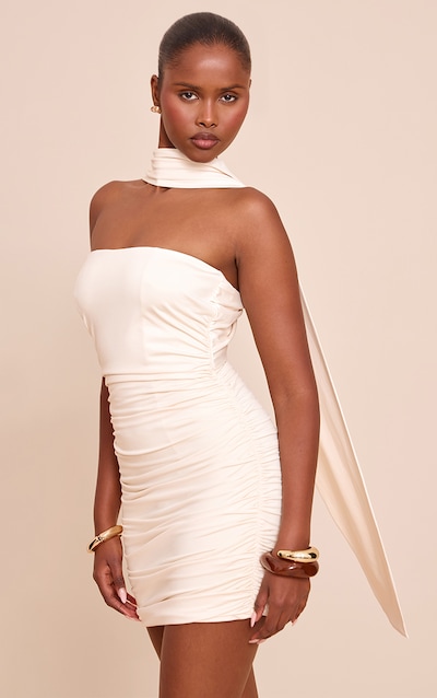 Cream Double Layer Soft Touch Bandeau Scarf Detail Ruched Mini Dress
