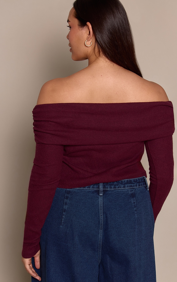 Plus Burgundy Soft Touch Rib Off The Shoulder Long Sleeve Top image 2