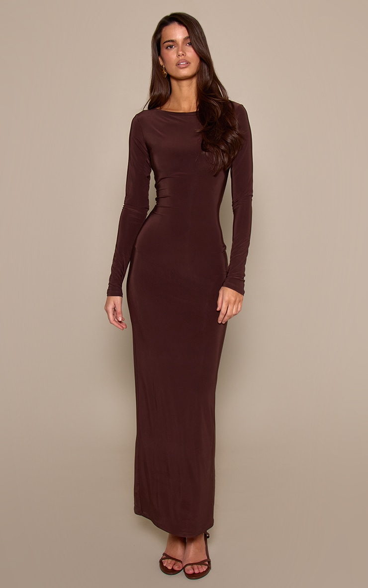 Chocolate Double Layer Slinky Long Sleeve Maxi Dress image 3
