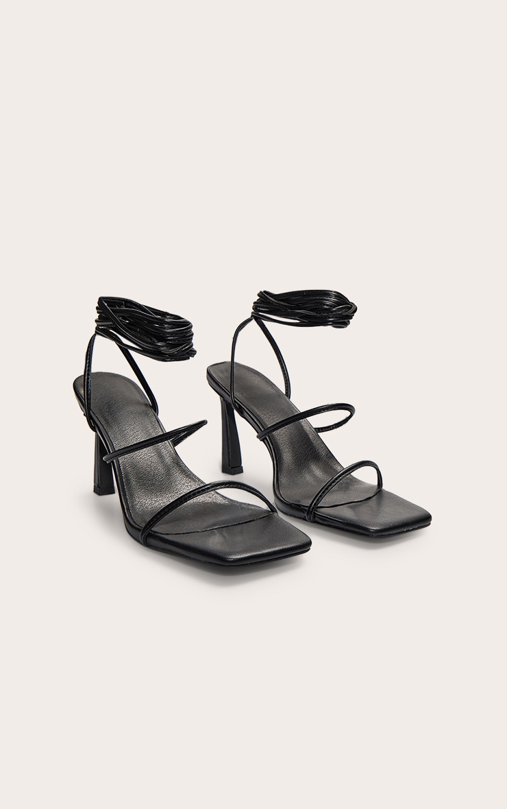 Black Pu Square Toe Strappy Lace Up Mid Stiletto Heeled Sandals image 3