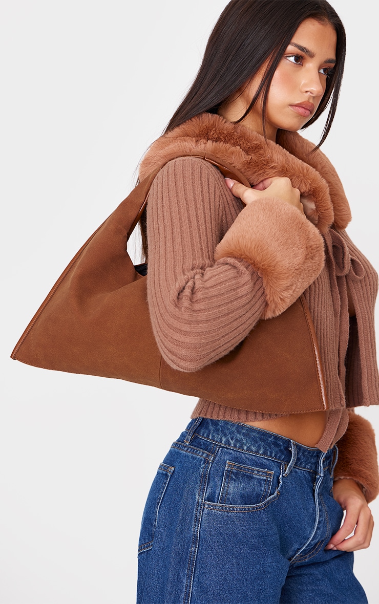 Tan Crinkle PU Rectangular Slouch Shoulder Bag image 2
