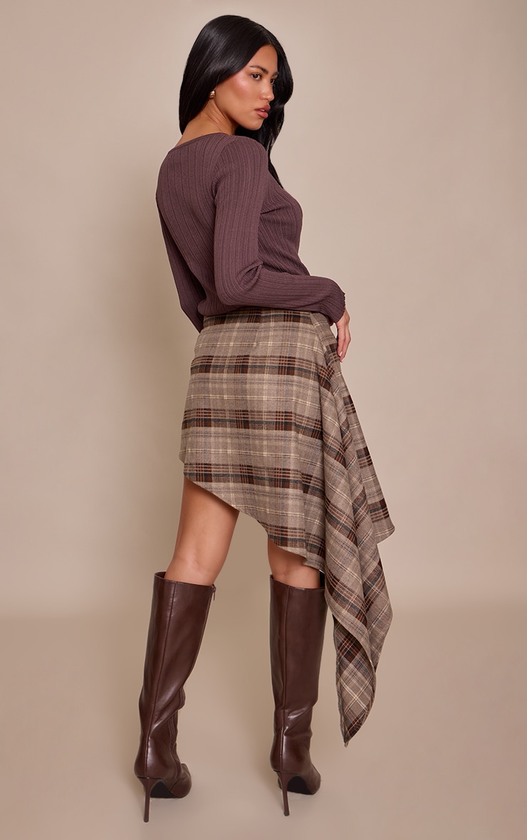 Brown Check Brushed Woven Asymmetric Mini Skirt image 3